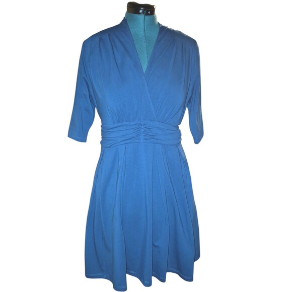 EShakti Custom Dress Teal Blue V-neck Gathered Waist Shift Dress Size L - Picture 2 of 8